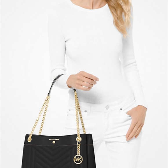 Michael Kors Black Chevron Shoulder Bag with Gold Accents - Picture 2 of 15